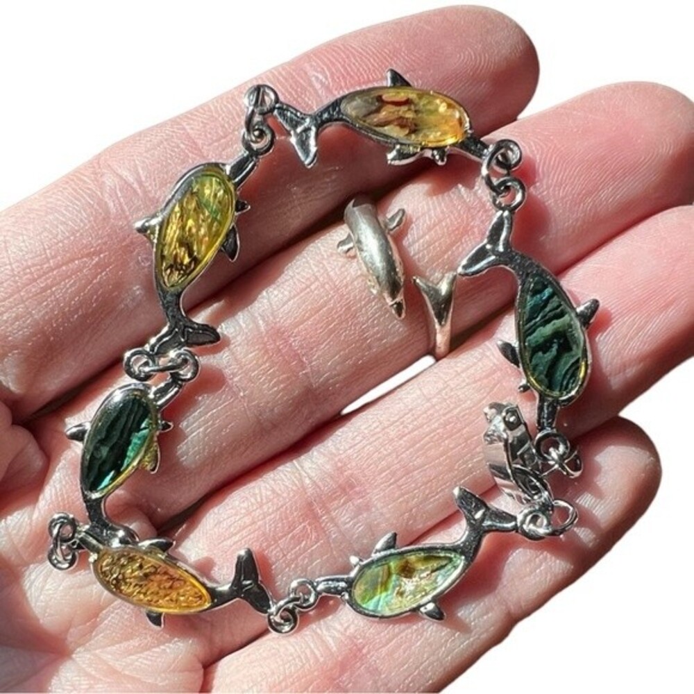 Vintage Dolphin Ring & Mother of Pearl Dolphin Link Bracelet Set